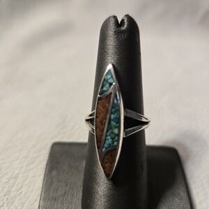 Sterling Silver W/Coral Tourquoise Chip Inlay Ring Size 6.5